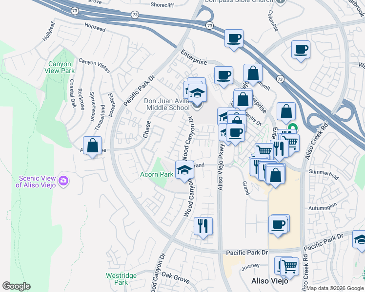 map of restaurants, bars, coffee shops, grocery stores, and more near 26443 Wood Canyon Drive in Aliso Viejo