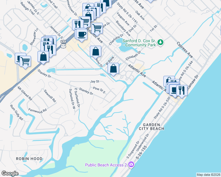 map of restaurants, bars, coffee shops, grocery stores, and more near 312 Jay Street in Murrells Inlet