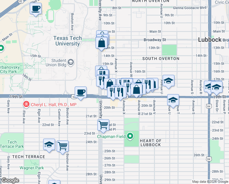 map of restaurants, bars, coffee shops, grocery stores, and more near 2322 18th Street in Lubbock