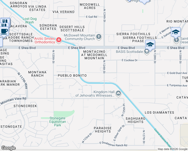 map of restaurants, bars, coffee shops, grocery stores, and more near 12340 East Gold Dust Avenue in Scottsdale