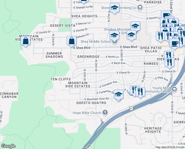 map of restaurants, bars, coffee shops, grocery stores, and more near 2523 East Beryl Avenue in Phoenix