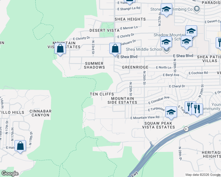 map of restaurants, bars, coffee shops, grocery stores, and more near 10210 East Beryl Avenue in Phoenix