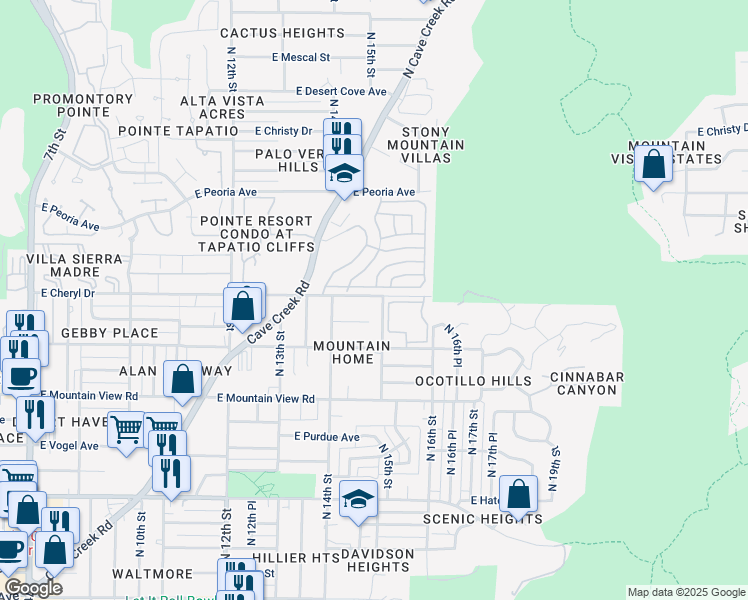map of restaurants, bars, coffee shops, grocery stores, and more near 10401 North Cave Creek Road in Phoenix