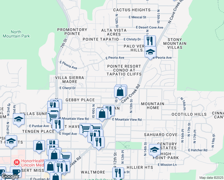 map of restaurants, bars, coffee shops, grocery stores, and more near 1148 East Cheryl Drive in Phoenix