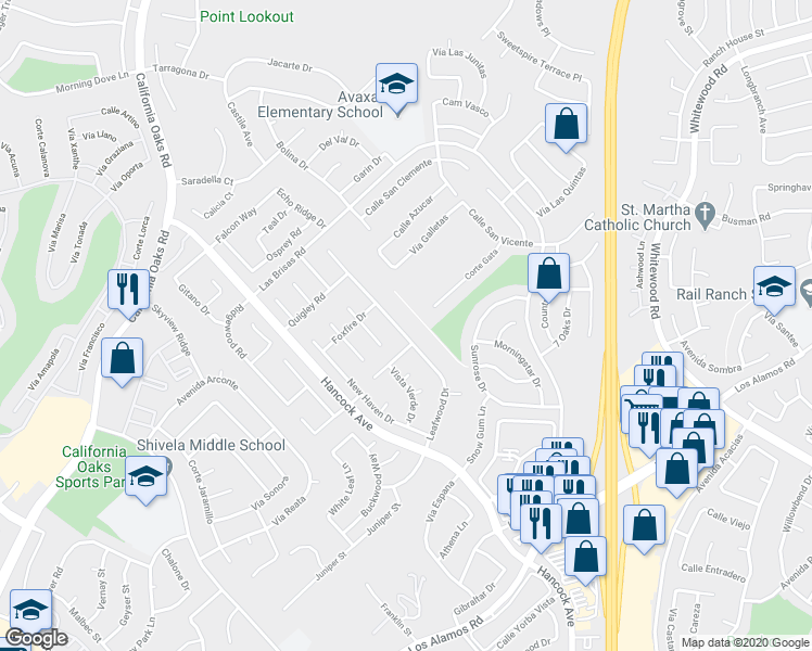 map of restaurants, bars, coffee shops, grocery stores, and more near 24532 Leafwood Drive in Murrieta