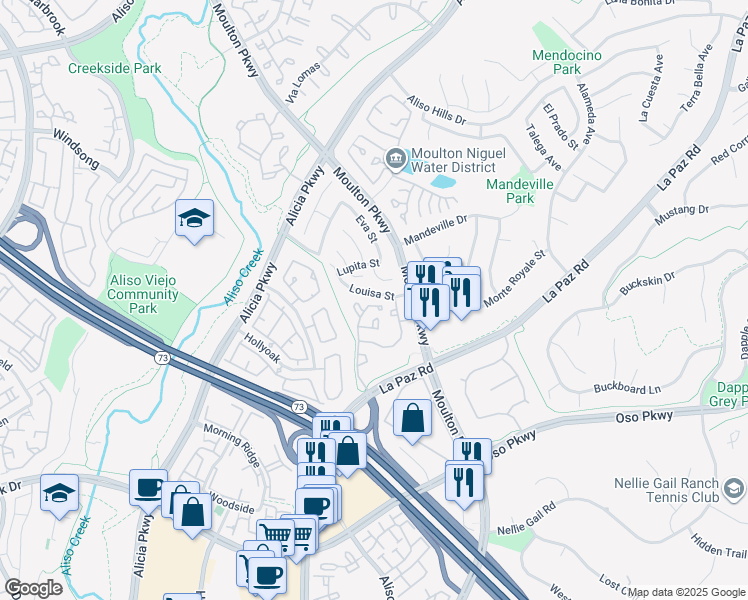 map of restaurants, bars, coffee shops, grocery stores, and more near 24342 Andrea Street in Laguna Hills