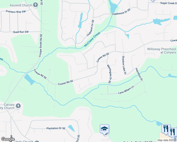 map of restaurants, bars, coffee shops, grocery stores, and more near 455 Sweet Water Trail Southeast in Conyers