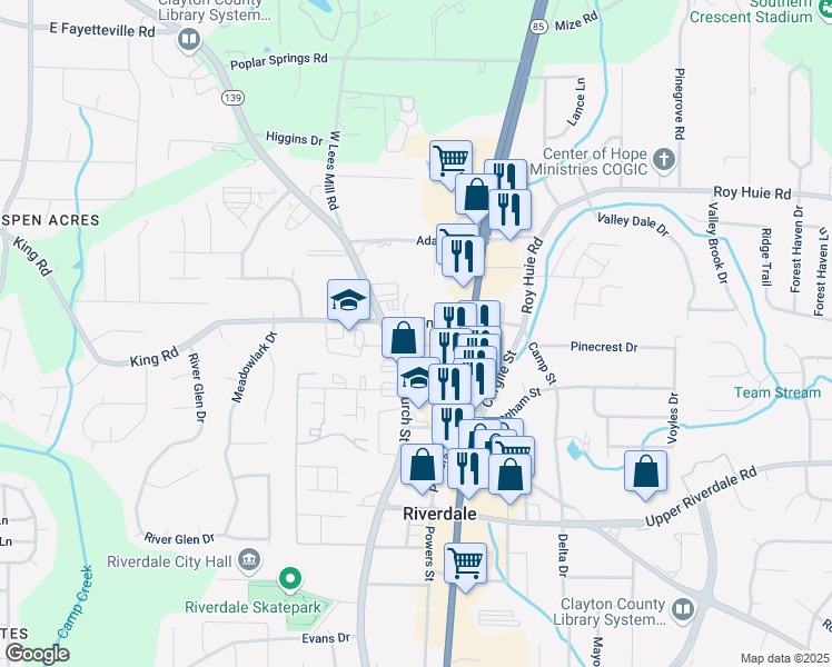 map of restaurants, bars, coffee shops, grocery stores, and more near 746 King Road in Riverdale