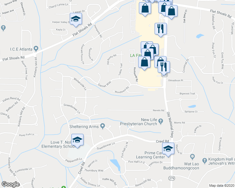 map of restaurants, bars, coffee shops, grocery stores, and more near 2715 Woodward Road in College Park
