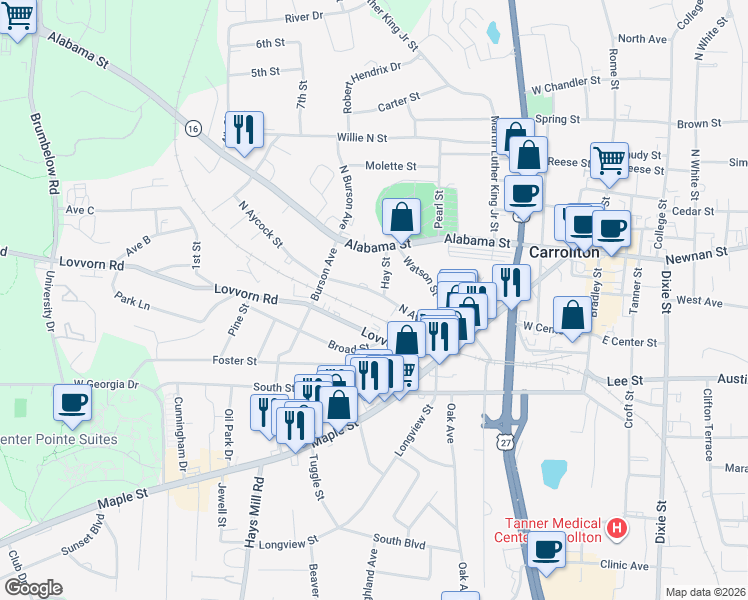 map of restaurants, bars, coffee shops, grocery stores, and more near 320 North Aycock Street in Carrollton