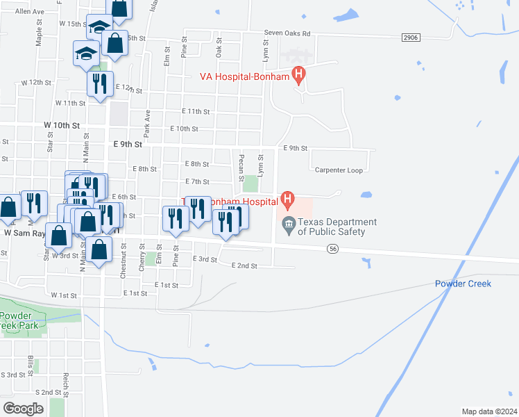 map of restaurants, bars, coffee shops, grocery stores, and more near 511 Lipscomb Street in Bonham