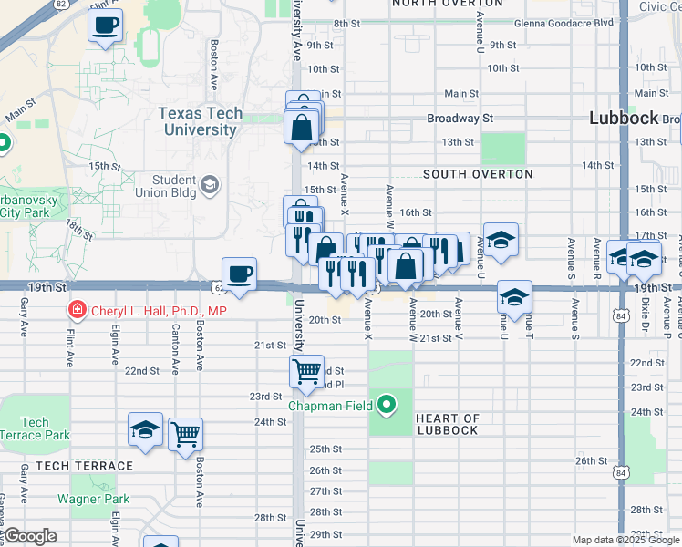 map of restaurants, bars, coffee shops, grocery stores, and more near 2322 18th Street in Lubbock