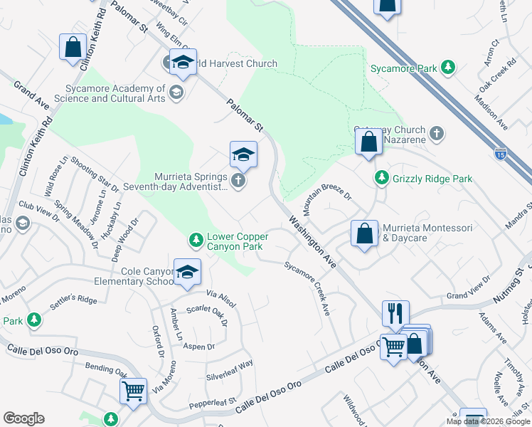 map of restaurants, bars, coffee shops, grocery stores, and more near 23571 Evening Primrose Court in Murrieta