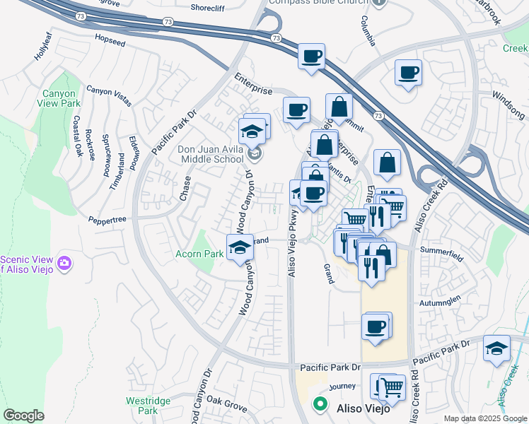 map of restaurants, bars, coffee shops, grocery stores, and more near 21 Tulare Drive in Aliso Viejo