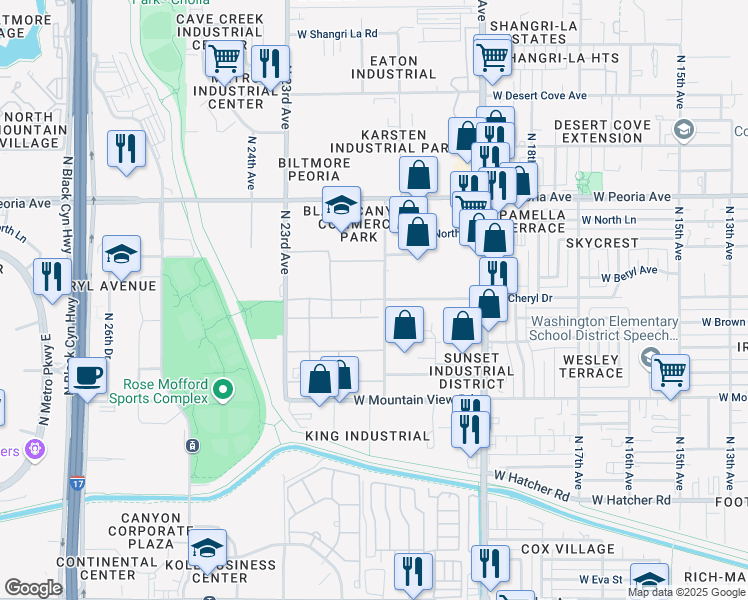 map of restaurants, bars, coffee shops, grocery stores, and more near 2121 West Cheryl Drive in Phoenix
