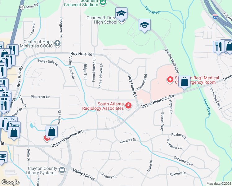 map of restaurants, bars, coffee shops, grocery stores, and more near 6449 Havenridge Drive in Riverdale