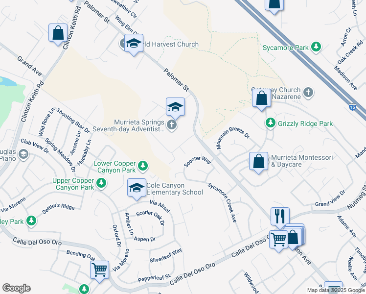 map of restaurants, bars, coffee shops, grocery stores, and more near 23548 Baby Blue Court in Wildomar