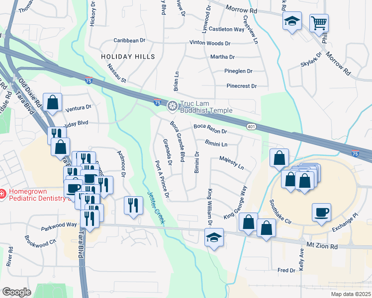 map of restaurants, bars, coffee shops, grocery stores, and more near 6454 Boca Grande Boulevard in Forest Park