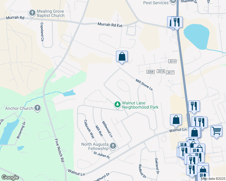 map of restaurants, bars, coffee shops, grocery stores, and more near 281 Mill Branch Way in North Augusta