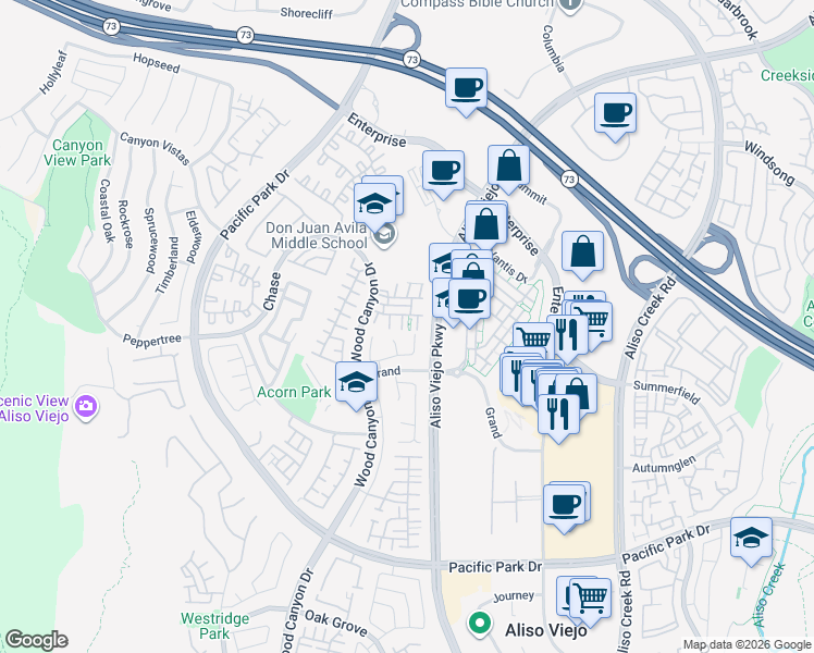 map of restaurants, bars, coffee shops, grocery stores, and more near 7 Burlingame Lane in Aliso Viejo