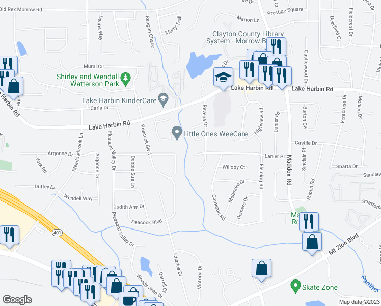 map of restaurants, bars, coffee shops, grocery stores, and more near 2128 Baden Court in Morrow