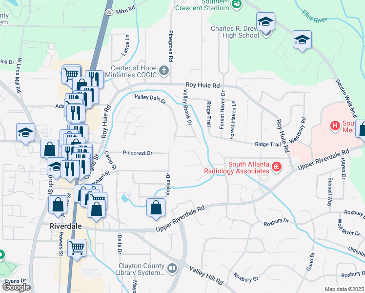 map of restaurants, bars, coffee shops, grocery stores, and more near 389 Riverbrook Trail in Riverdale
