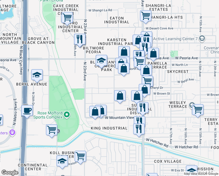 map of restaurants, bars, coffee shops, grocery stores, and more near 2124 West Cheryl Drive in Phoenix