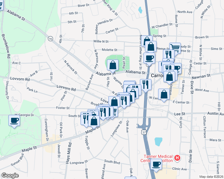 map of restaurants, bars, coffee shops, grocery stores, and more near 321 North Aycock Street in Carrollton