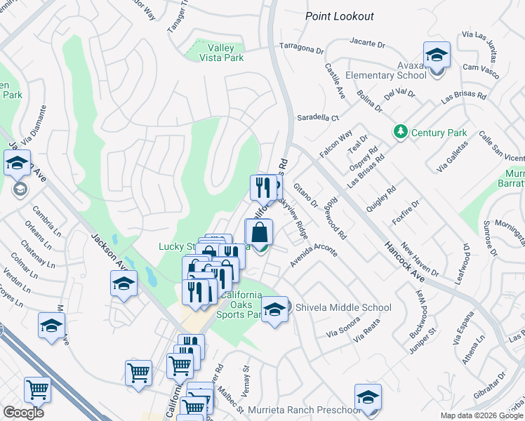 map of restaurants, bars, coffee shops, grocery stores, and more near California Oaks Road in Murrieta