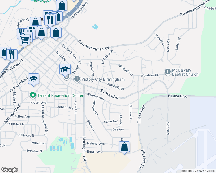 map of restaurants, bars, coffee shops, grocery stores, and more near 1732 Mountain Drive in Birmingham