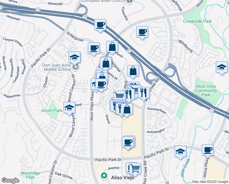 map of restaurants, bars, coffee shops, grocery stores, and more near 64 Meridian Drive in Aliso Viejo