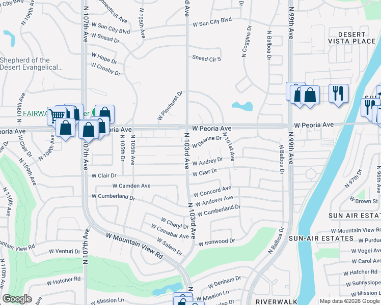map of restaurants, bars, coffee shops, grocery stores, and more near 10238 West Deanne Drive in Sun City