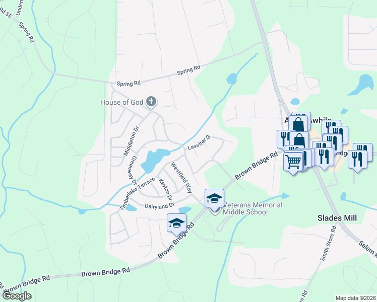 map of restaurants, bars, coffee shops, grocery stores, and more near 310 Spring Lake Terrace in Covington