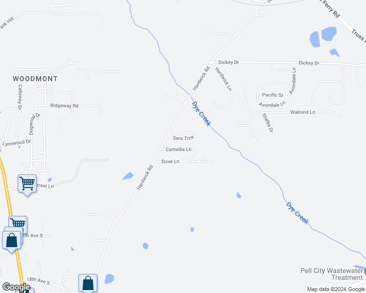 map of restaurants, bars, coffee shops, grocery stores, and more near 105 Camellia Lane in Pell City