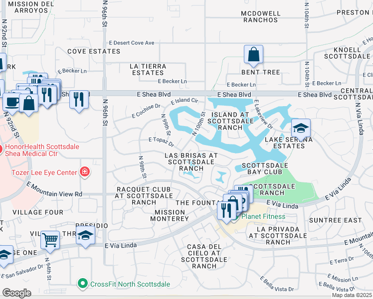 map of restaurants, bars, coffee shops, grocery stores, and more near 10225 North 99th Place in Scottsdale
