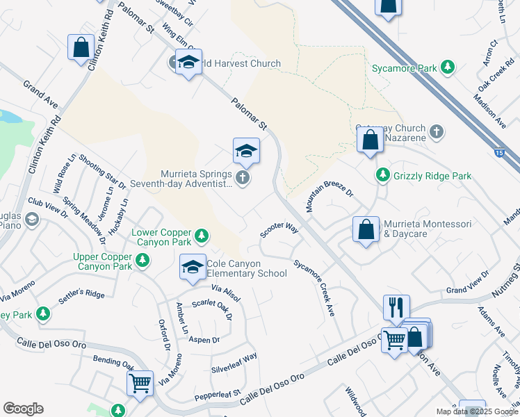 map of restaurants, bars, coffee shops, grocery stores, and more near 23548 Baby Blue Court in Wildomar