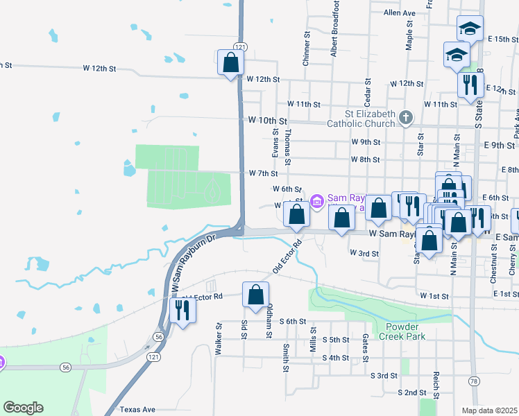 map of restaurants, bars, coffee shops, grocery stores, and more near 1100 West 5th Street in Bonham