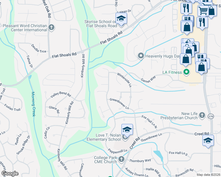 map of restaurants, bars, coffee shops, grocery stores, and more near 6450 Peppermill Lane in Atlanta