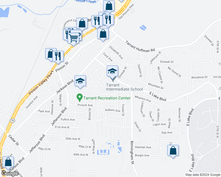 map of restaurants, bars, coffee shops, grocery stores, and more near 1439 Sloan Avenue in Birmingham