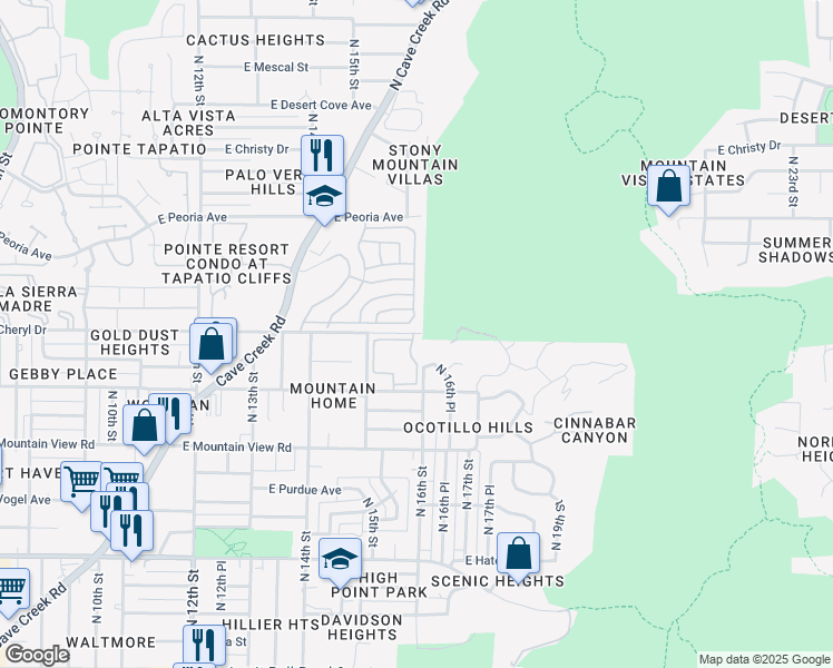 map of restaurants, bars, coffee shops, grocery stores, and more near Holiday Cir in Phoenix