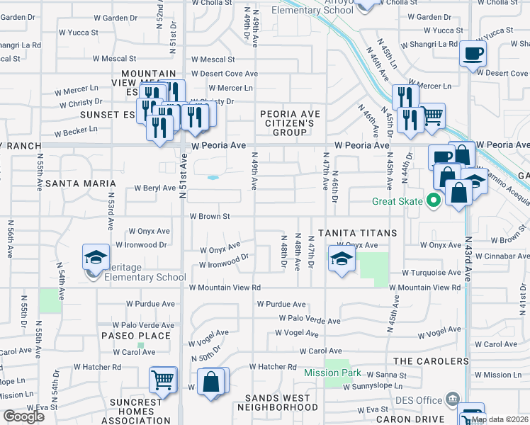 map of restaurants, bars, coffee shops, grocery stores, and more near 4853 West Cheryl Drive in Glendale