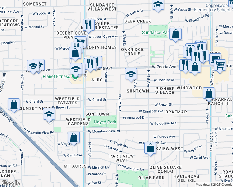 map of restaurants, bars, coffee shops, grocery stores, and more near 7317 West Comet Avenue in Peoria