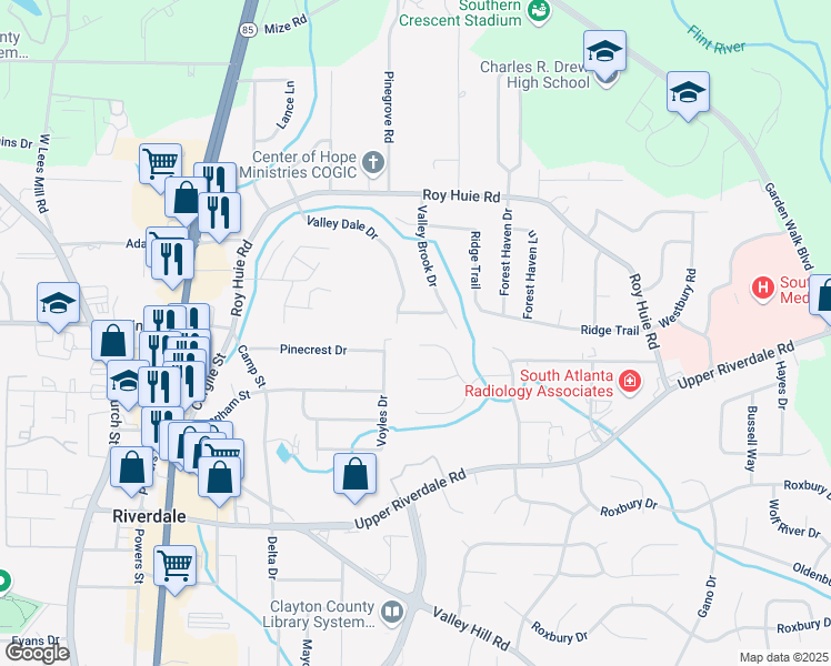 map of restaurants, bars, coffee shops, grocery stores, and more near 6427 Valley Dale Drive in Riverdale