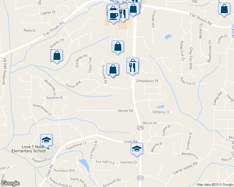 map of restaurants, bars, coffee shops, grocery stores, and more near 2500 Woodward Road in Atlanta