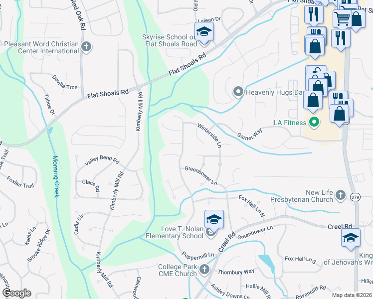 map of restaurants, bars, coffee shops, grocery stores, and more near 6450 Peppermill Lane in Atlanta