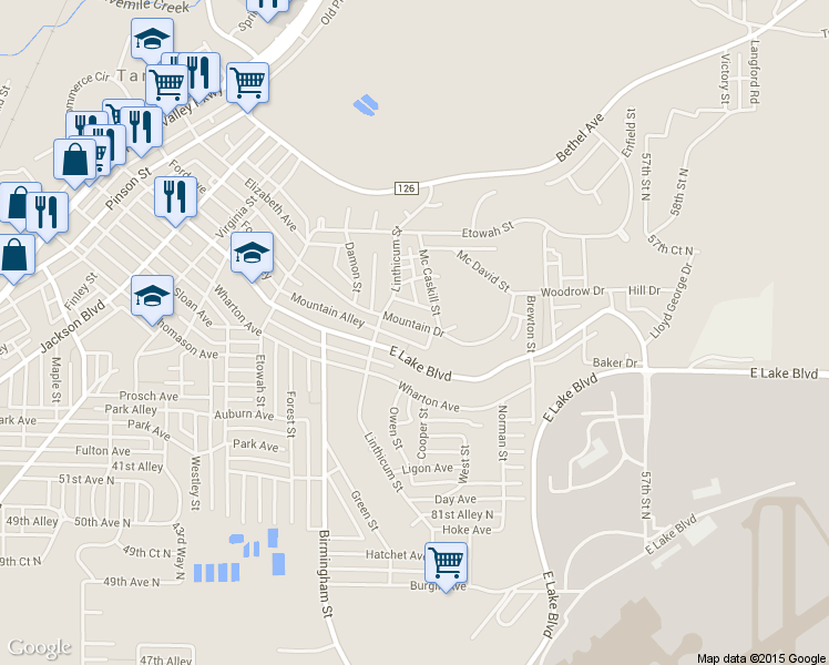 map of restaurants, bars, coffee shops, grocery stores, and more near 1732 Mountain Drive in Birmingham