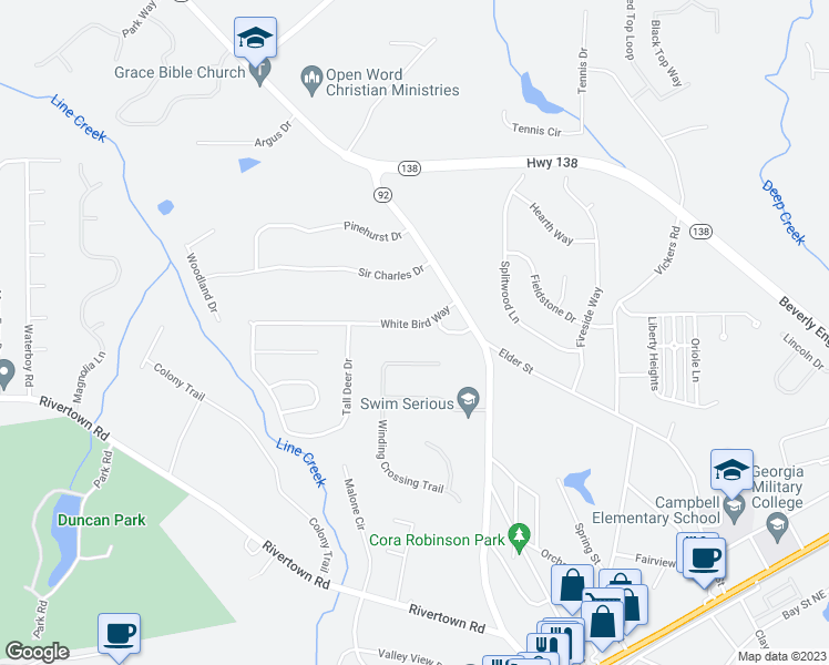 map of restaurants, bars, coffee shops, grocery stores, and more near 672 White Bird Way in Fairburn