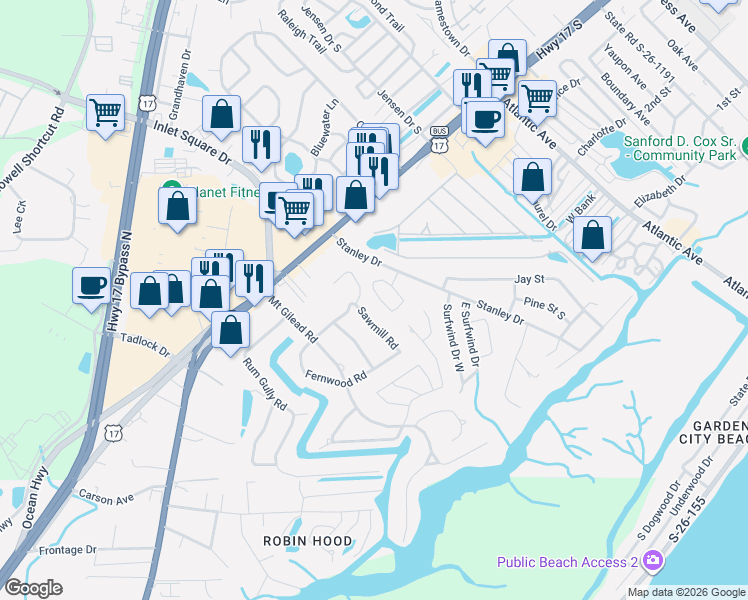 map of restaurants, bars, coffee shops, grocery stores, and more near 511 Waverly Loop in Murrells Inlet