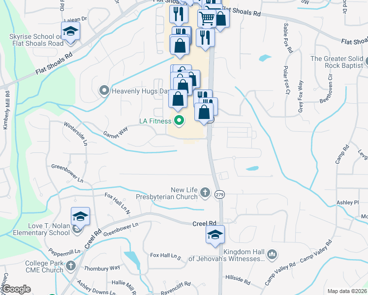 map of restaurants, bars, coffee shops, grocery stores, and more near 2464 Woodward Road in College Park