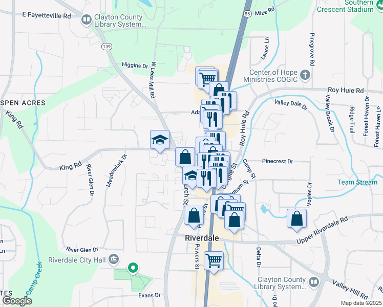 map of restaurants, bars, coffee shops, grocery stores, and more near 746 King Road in Riverdale